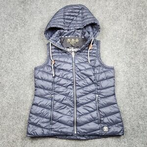 Barbour FibreDown Vest Womens 10 Blue Hooded Quilted Lightweight Puffer